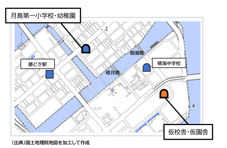 現校舎と仮校舎・仮園舎の位置関係を示す画像。出典国土地理院地図を加工して作成。